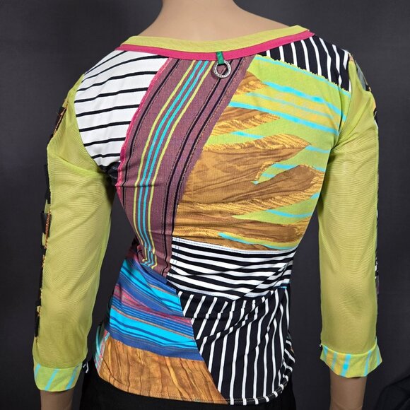 Vintage Save The Queen Top blouse size L Abstract Print Mesh Sleeves Stretch - Picture 8 of 13
